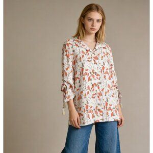 NWOT John Mark Tie Tassels Sleeves Orange Flower Buds Shirt Blouse Top Size M